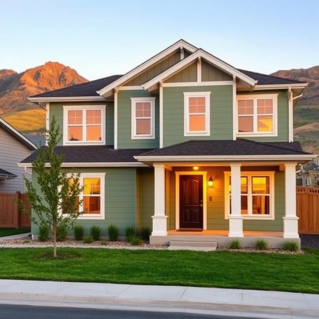 Freshly painted two-story home in Fort Collins with Rocky Mountain foothills in the background